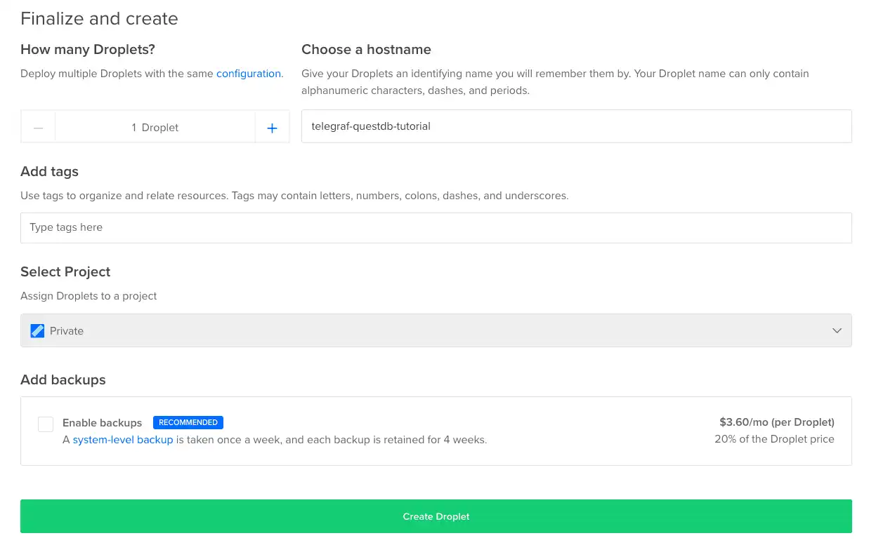 Finalizing the creation step of a DigitalOcean Droplet running QuestDB