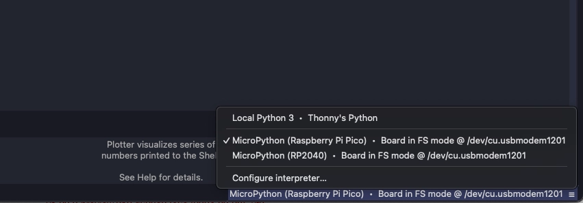 The lower right-hand menu in Thonny, selecting our Pico microcontroller.