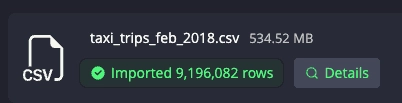 Screenshot of the Web Console showing number of row imported and the Details tab