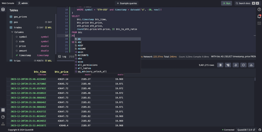 A shot of the Web Console, showing auto complete and a colourful returned table.